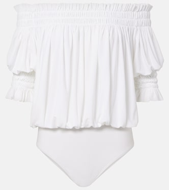 Off-shoulder smocked bodysuit | Norma Kamali