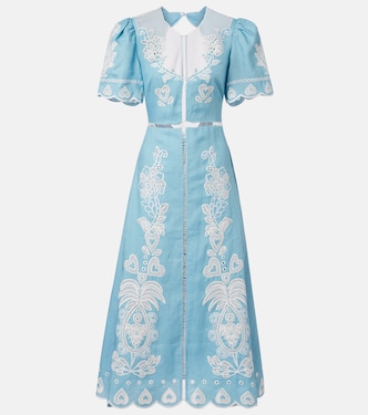 Embroidered open-back linen midi dress | Farm Rio