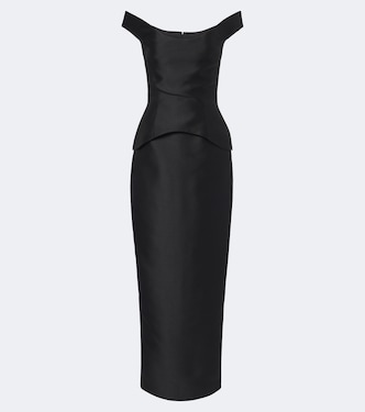 Pieta off-shoulder peplum satin gown | Solace London