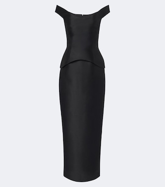 Pieta off-shoulder peplum satin gown | Solace London