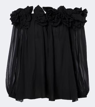 Floral-appliqué gathered silk top | Carolina Herrera