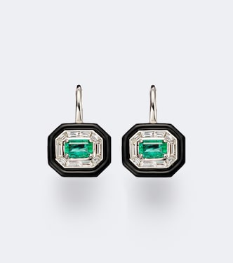 Oui 18kt white gold and enamel earrings with emerald and diamonds | Nikos Koulis