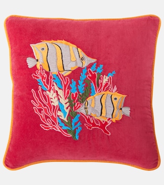 Tropical embroidered cotton velvet cushion | Les-Ottomans