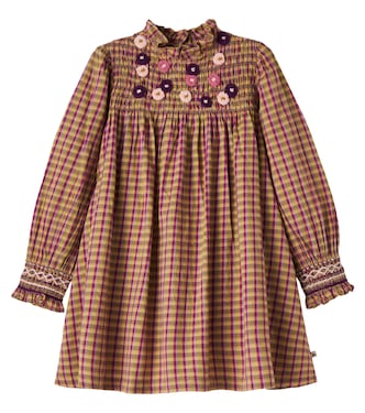 Poire checked embroidered shirred cotton dress | Bonton
