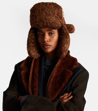 Logo suede-trimmed aviator hat in brown - Ruslan Baginskiy 