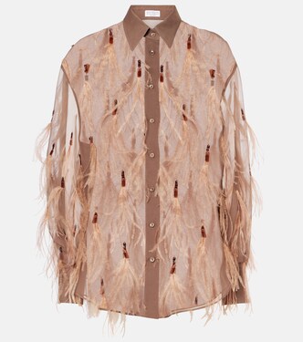 Feather-trimmed silk organza shirt | Brunello Cucinelli