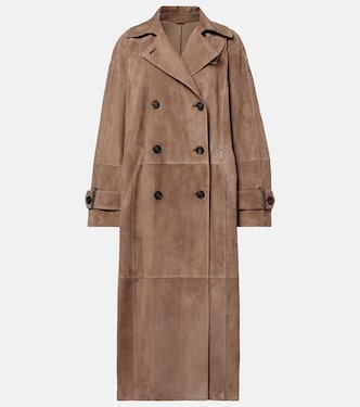 Double-breasted paneled suede coat | Brunello Cucinelli