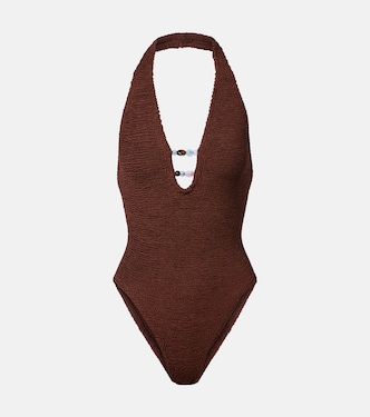 Adriana embellished halterneck swimsuit | Hunza G