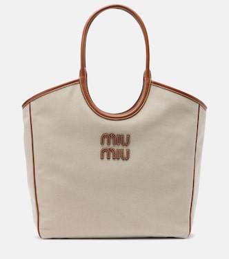 Ivy leather-trimmed canvas tote bag | Miu Miu
