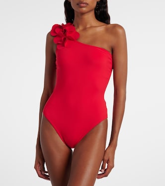 Tess floral-appliqué one-shoulder swimsuit in red - Karla Colletto