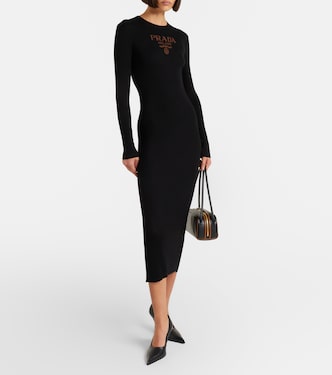 Logo ribbed-knit silk midi dress in black - Prada | Mytheresa