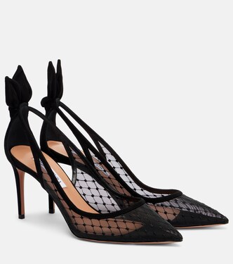 Bow Tie 85 suede-trimmed mesh pumps | Aquazzura
