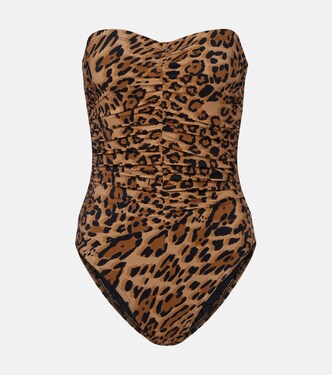 Leopard-print ruched strapless swimsuit | Karla Colletto