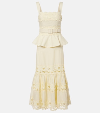 Belted crochet-trimmed linen and cotton midi dress | Self-Portrait