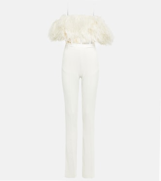 Feather-trimmed cady jumpsuit | David Koma