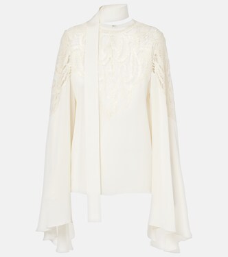 Lace-trimmed tie-neck georgette blouse | Elie Saab