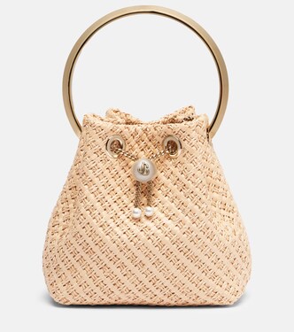 Bon Bon Small embellished raffia bucket bag | Jimmy Choo