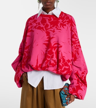 Draped floral cotton jersey sweatshirt in red - Dries Van Noten