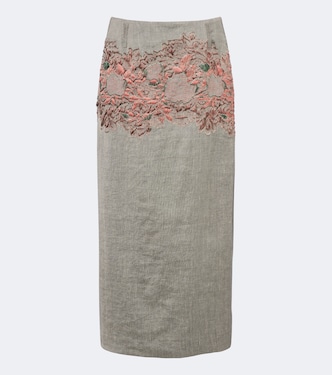 Gonna midi in misto lino e cotone con ricamo | Dries Van Noten