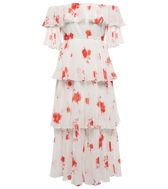 Robe midi à encolure bardot et fleurs | Self-Portrait