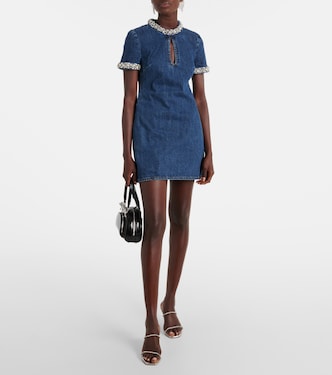 self-portrait crystal-embellished denim mini dress Denim Crystal Trim Collared Mini Dress self-portrait-US