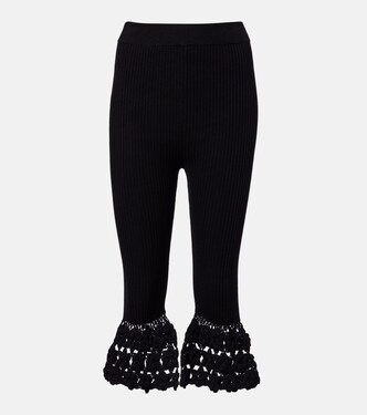 Crochet-trimmed ribbed cotton-blend capri pants | Ganni