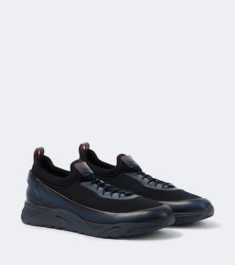 Leather-trimmed knitted sneakers | Santoni