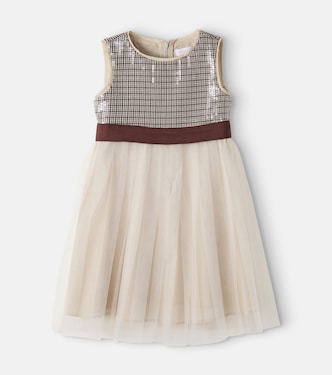 Sequined houndstooth paneled tulle dress | Monnalisa