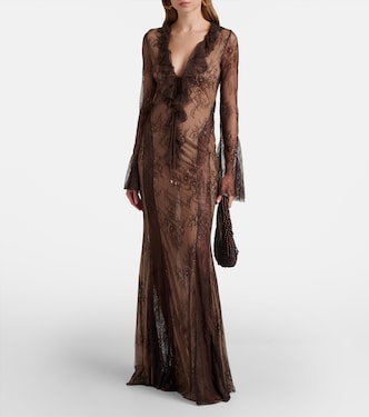 bananhot nori ruffled lace maxi dress Nori lace maxi dress in brown - Bananhot