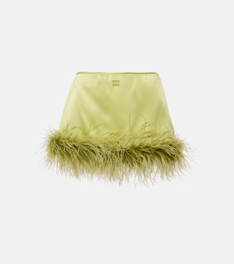 Feather-trimmed satin miniskirt | Miu Miu
