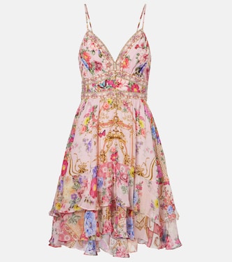 Vestido corto de seda floral adornado | Camilla