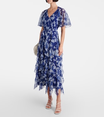 carolina herrera blue dress Scoop-Neck Gown button front Short sleeves Floral ruffled chiffon midi dress