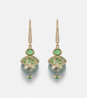 Ohrringe aus 18kt Gelbgold mit Diamanten, Tsavorit und Süßwasserperlen | Marina B