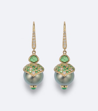 Ohrringe aus 18kt Gelbgold mit Diamanten, Tsavorit und Süßwasserperlen | Marina B