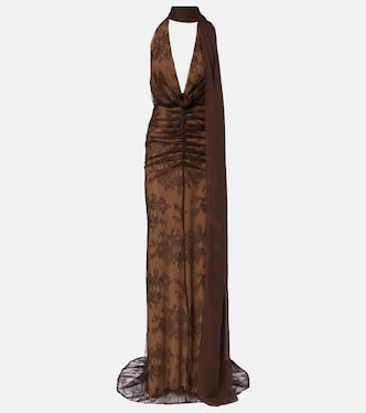 Amora scarf-detail ruched lace maxi dress | De La Vali