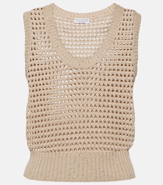 Sequined open-knit cotton-blend vest | Brunello Cucinelli