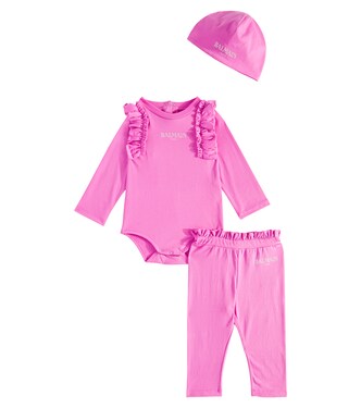 Baby cotton bodysuit, pants and hat set | Balmain Kids