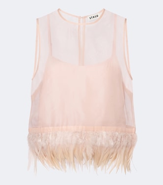 Avi feather-trimmed silk top | Staud
