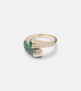 Mixed Bypass 18kt gold ring with emeralds and diamonds | Shay Jewelry