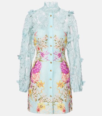 Embellished lace-trimmed linen and silk minidress | Camilla