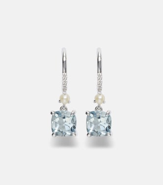14kt white gold earrings with aquamarines, pearls, and diamonds | Stone and Strand