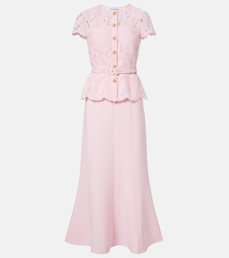 Belted lace and crêpe midi dress | Self-Portrait