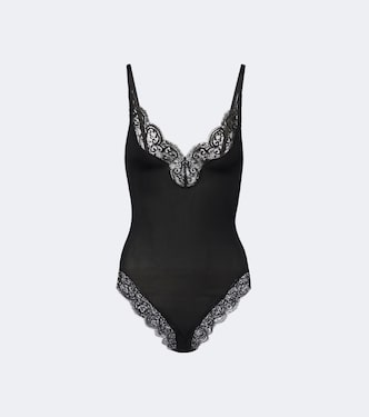 Lace-trimmed ribbed-knit silk bodysuit | Saint Laurent