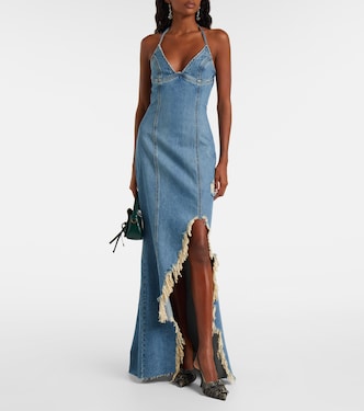 chinese dress ladies Stylish Button-Front Denim Maxi Dress in Two Washes  Rhinestones-N-Rawhide