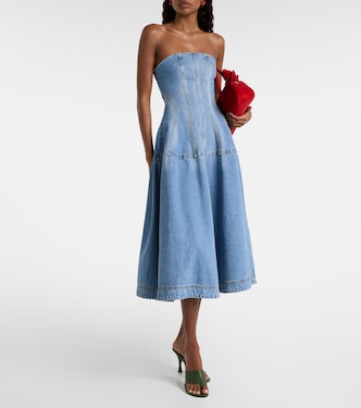 denim flared midi dress Indigo Denim Flared Midi Dresses Blue