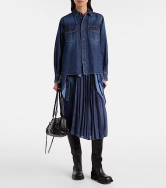 Pleated denim midi skirt in blue - Sacai | Mytheresa
