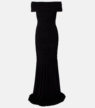 Off-shoulder ruched jersey gown | Norma Kamali