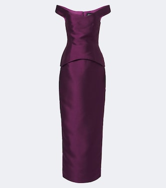 Pieta off-shoulder peplum satin gown | Solace London