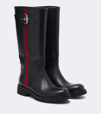Web Stripe leather biker boots | Gucci