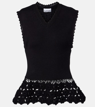 Crochet-trimmed ribbed cotton-blend top | Ganni
